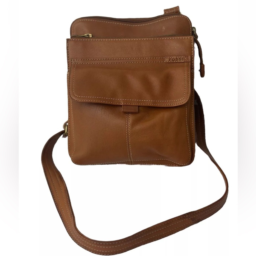 Fossil Brown crossbody bag leather Vintage Double Zip Flap Travel Purse Magnetic